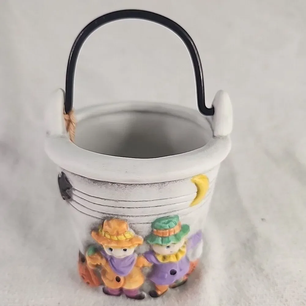 Bucket Ceramic Pail Fall Halloween Scarecrows and Pumpkins Unmarked Vintage